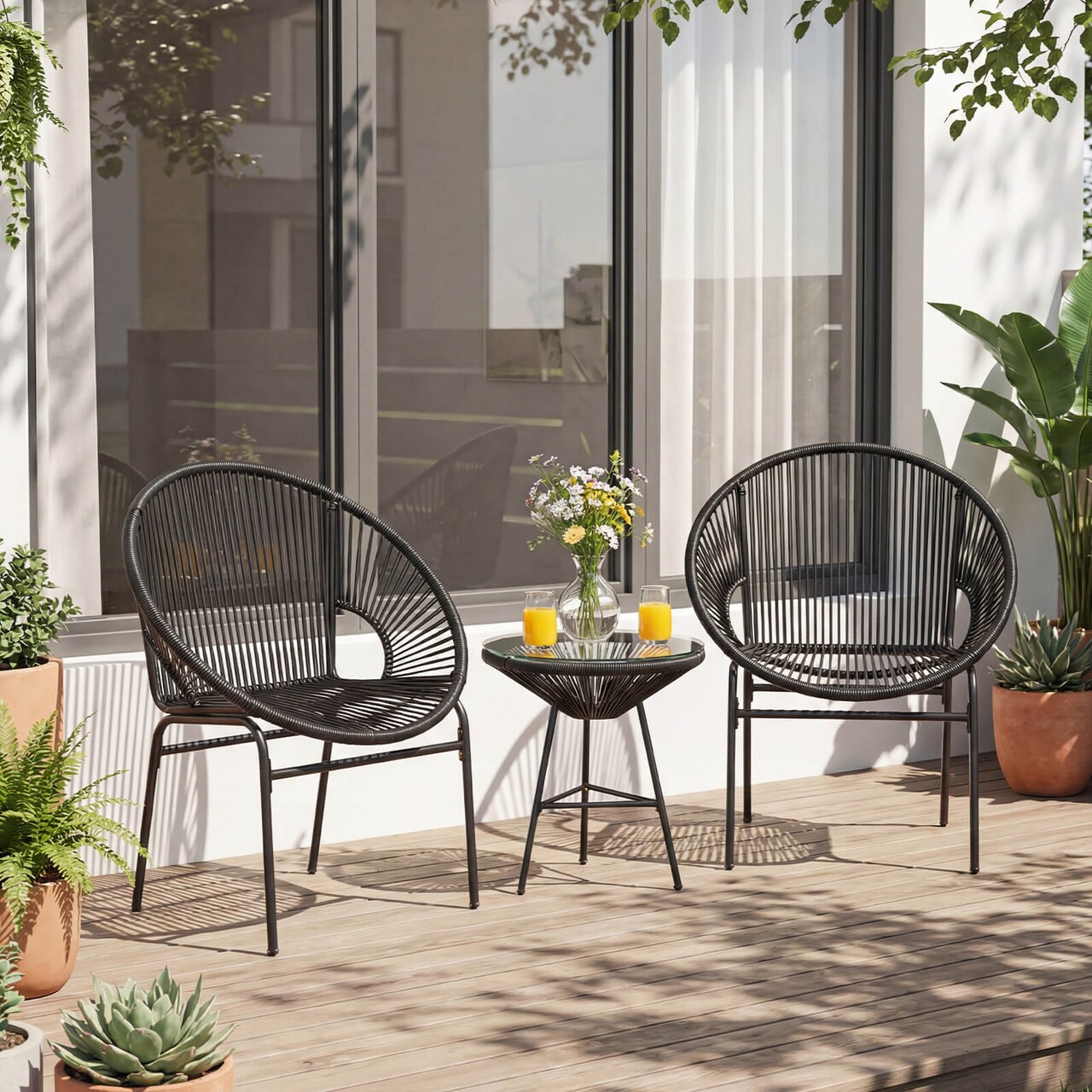 Costway 3PCS Patio Acapulco Furniture Bistro Set Plastic Rope Glass Table Black/Gray/Turquoise/White